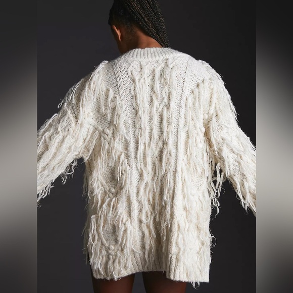 Anthropologie Fringed Pullover Knit Sweater Sequin Fringe in Ivory Large EUC - Picture 4 of 16
